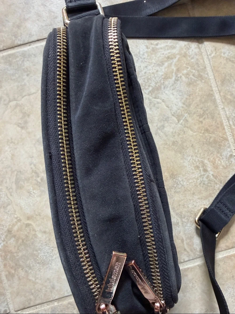 lululemon athletica Black Quilted Crossbody with Rose Gold Logo
